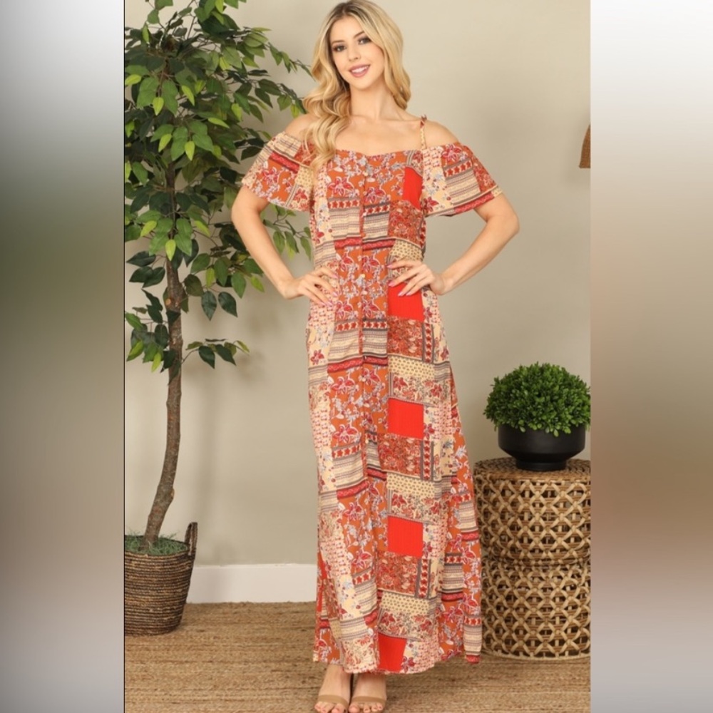 Easel Red and Tan Patchwork Cold Shoulder Dress